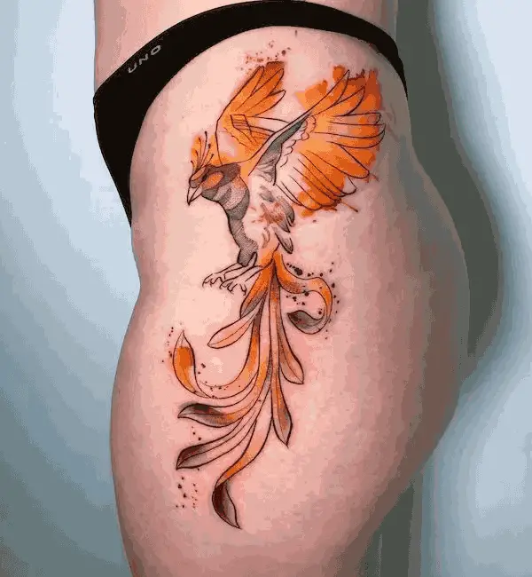 Giant Phoenix Hip And Thigh Tattoo