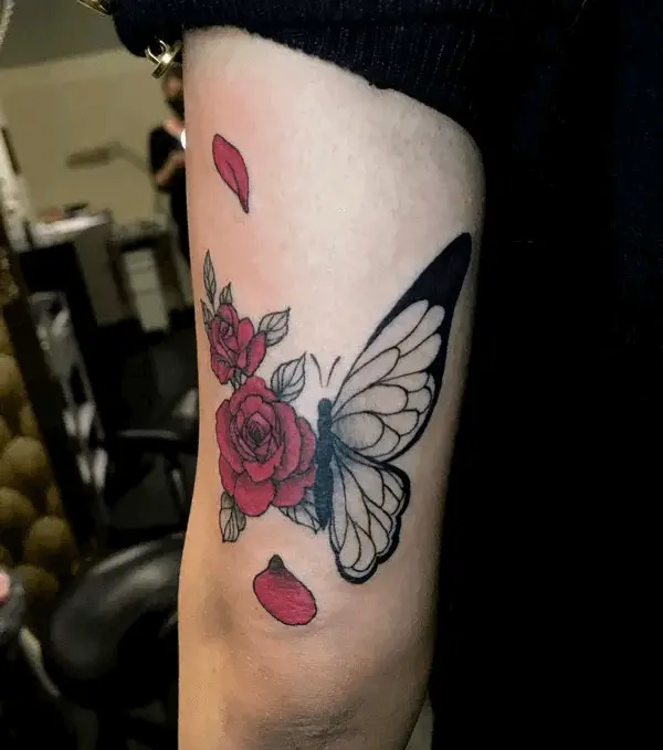 Half Butterfly Half Flower Arm Tattoo