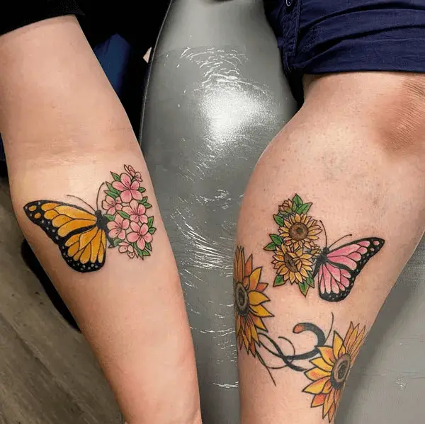 Half Butterfly Half Flower Couple Tattoo