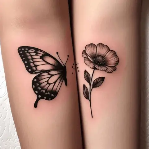 Heartwarming Half Butterfly Half Flower Couple Tattoo