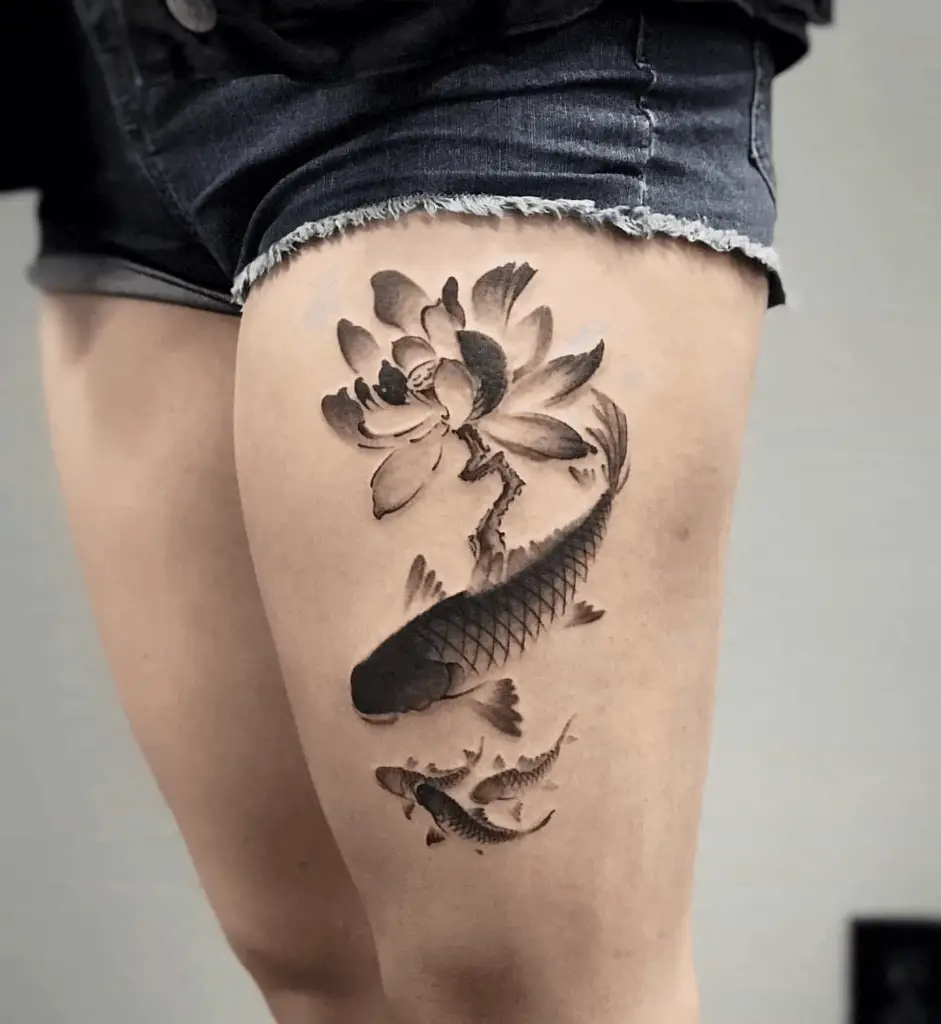 Japanese Watercolor Koi Fish & Lotus Flower Tattoo on Thigh