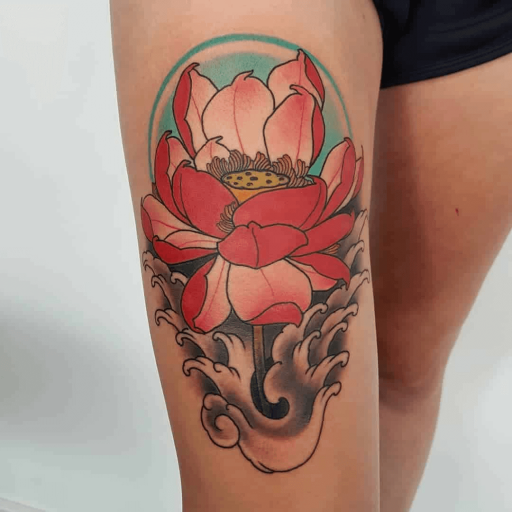 Large Japanese Red Lotus Flower Tattoo on Thigh