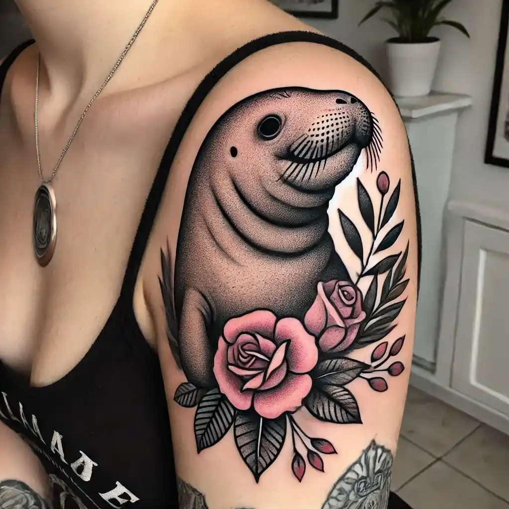 Manatee in a Floral Frame 