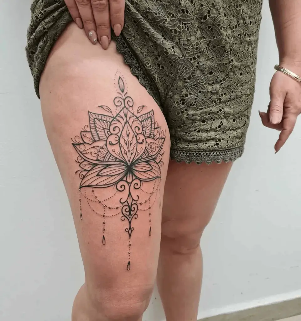 Mandala Lotus Flower Tattoo on Woman’s Thigh