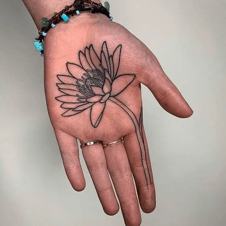 Minimal Linework Lotus Flower Tattoo on Man’s Palm
