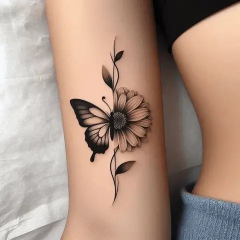 Monochromatic Half Butterfly Half Flower Bestie Tattoo
