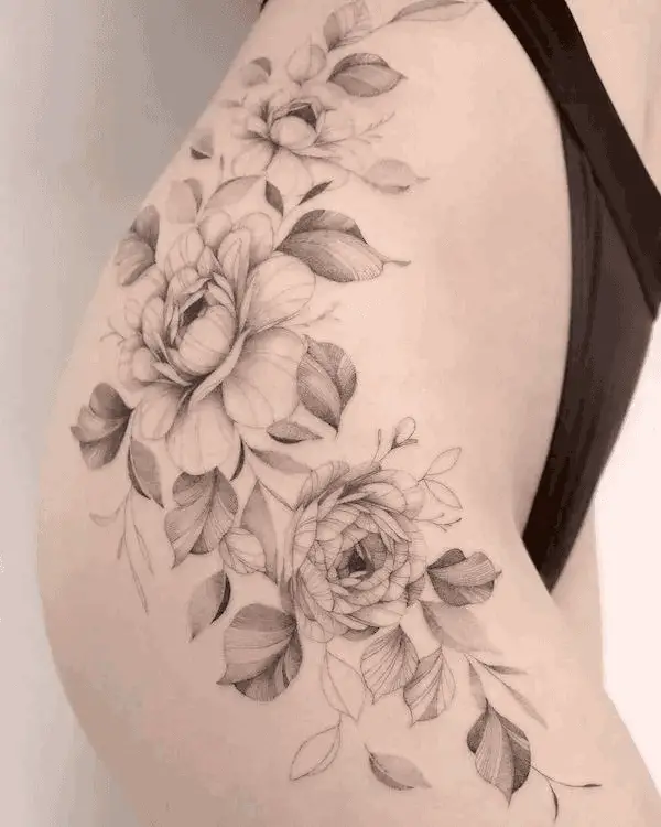 Ranunculus And Peony Flower Hip Tattoo