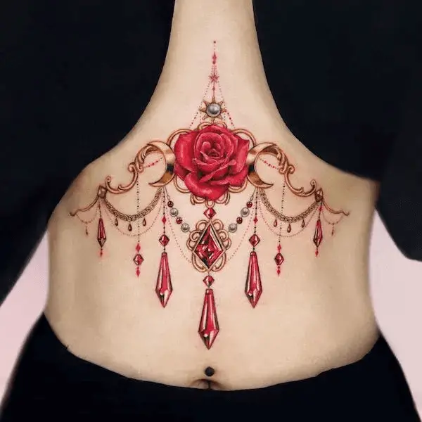 Rose and Jewelry Underboob Tattoo