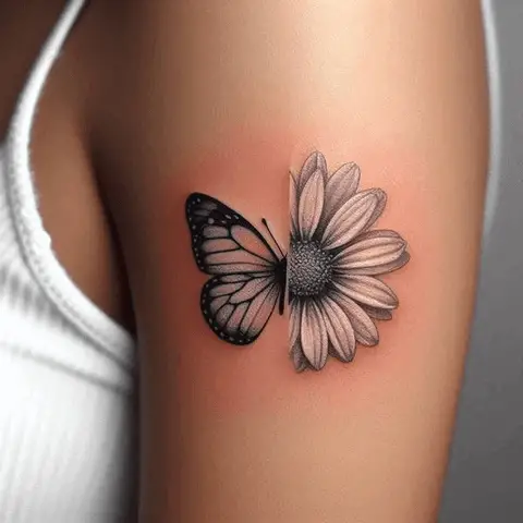 Small Half Flower Half Butterfly Tattoo