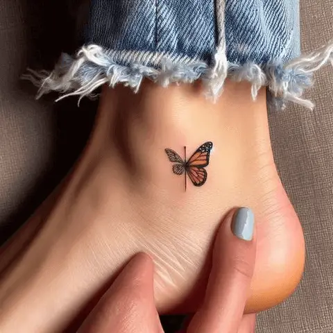 Subtle Half Butterfly Half Flower Tattoo On Ankle With A Straight Line