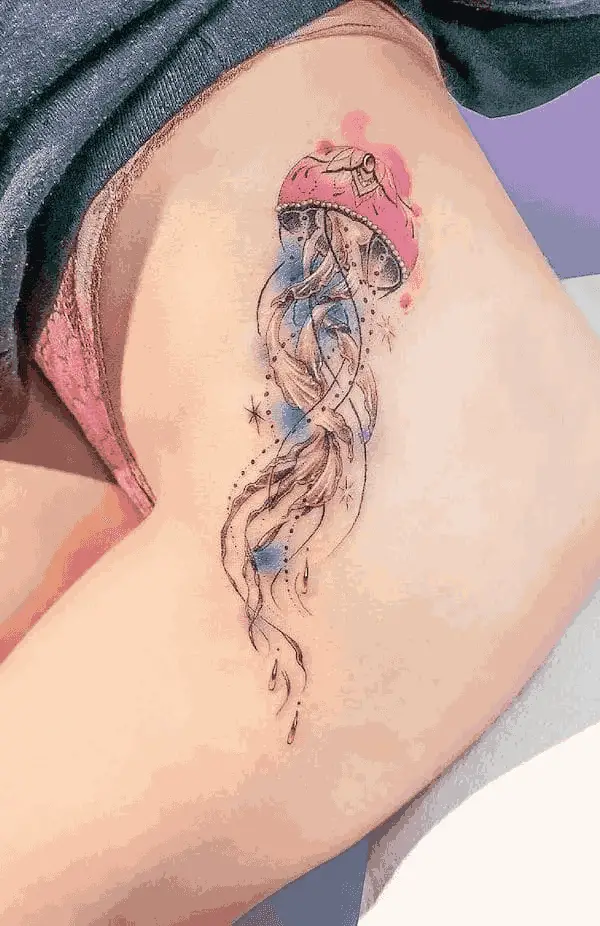 Watercolor Jellyfish Hip Tattoo