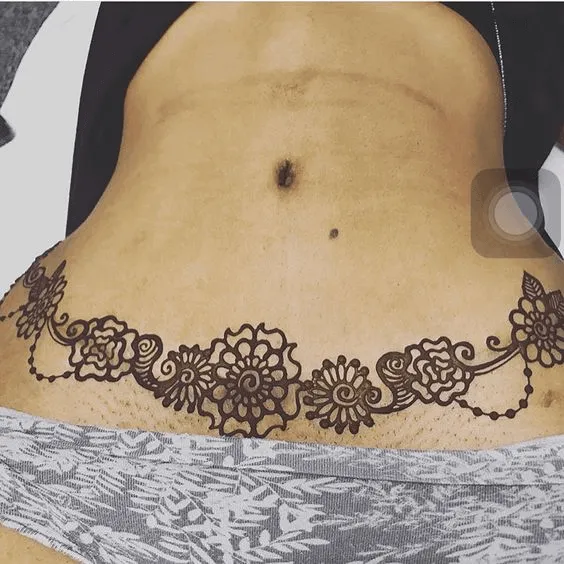 Beaded Floral Design Tummy Tuck Tattoo