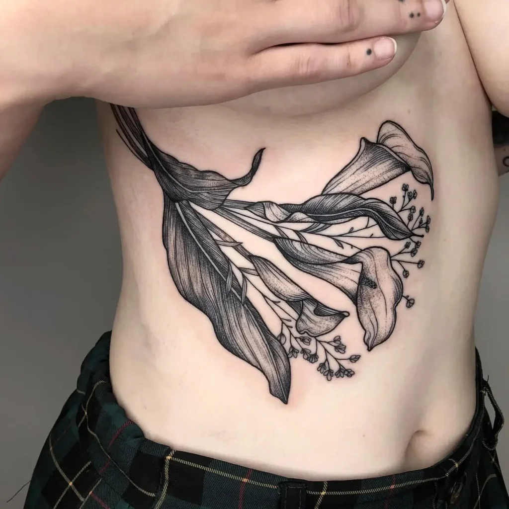 Black and Gray Floral Stomach Tattoo