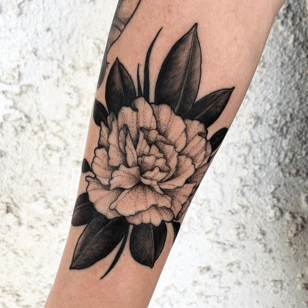 Blackwork Tattoo of Carnation with Whip Shading