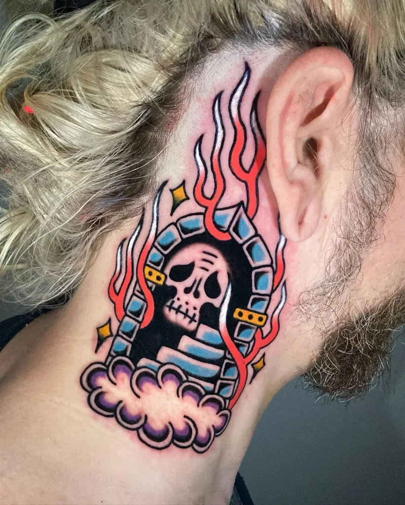 Classic Old-School Skull and Stairway Tattoo