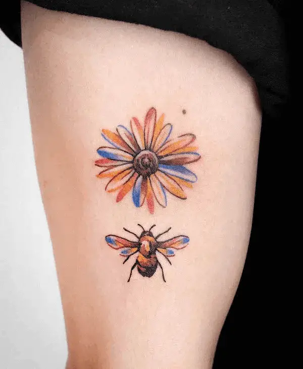 Color Bee and Daisy Tattoo