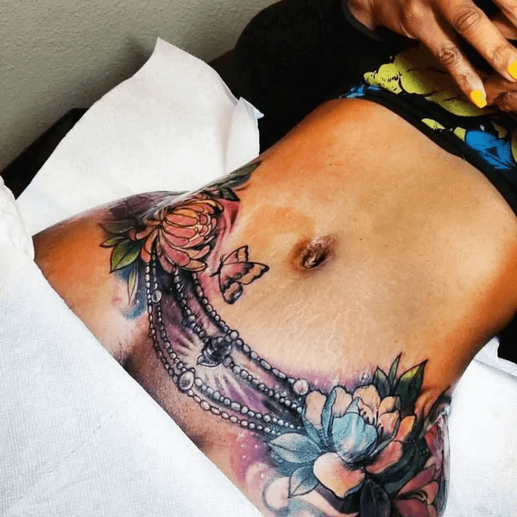 Colorful Tummy Tuck Tattoo