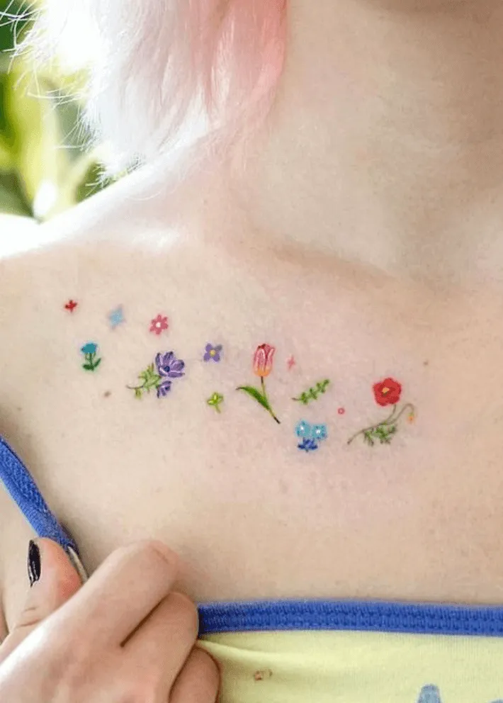 Cute Dainty Flowers Collarbone Tattoo