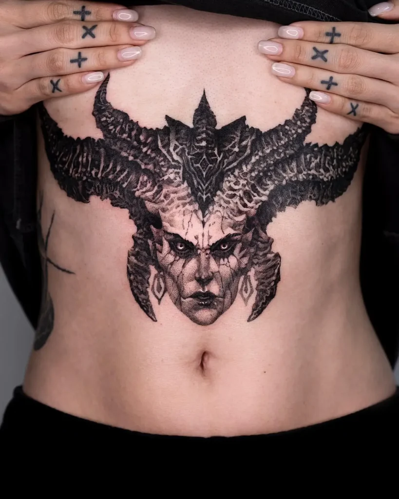 Dark Mythical Guardian Stomach Tattoo