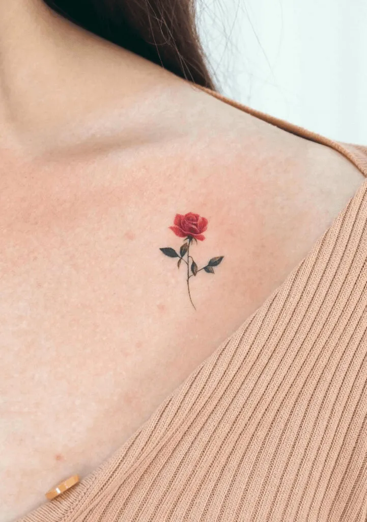 Detailed Tiny Rose Collarbone Tattoo