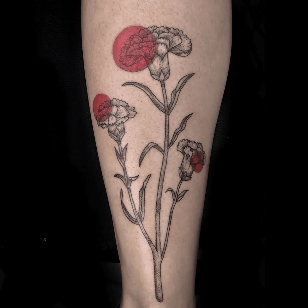 Fineline Tattoo of Carnations With Full Red Circles