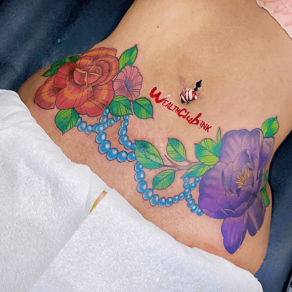 Floral Jewel Tummy Tuck Tattoo