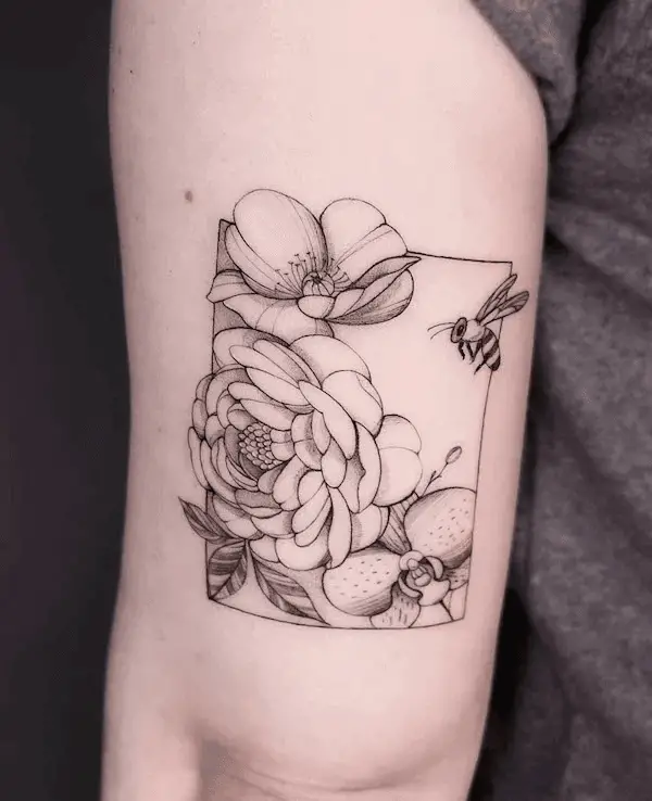 Flowers and Bee Frame Tattoo