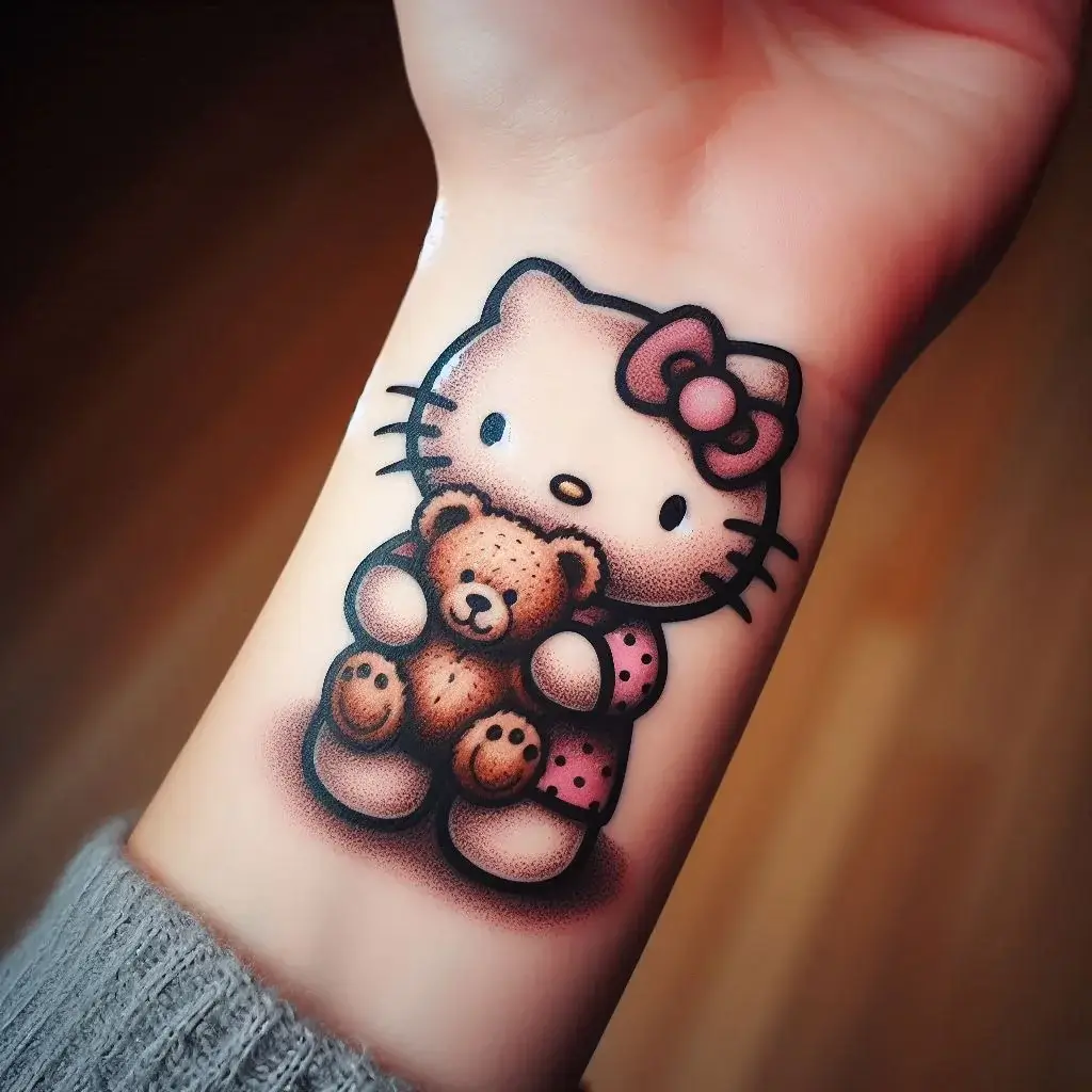 Hello Kitty Holding a Teddy Bear