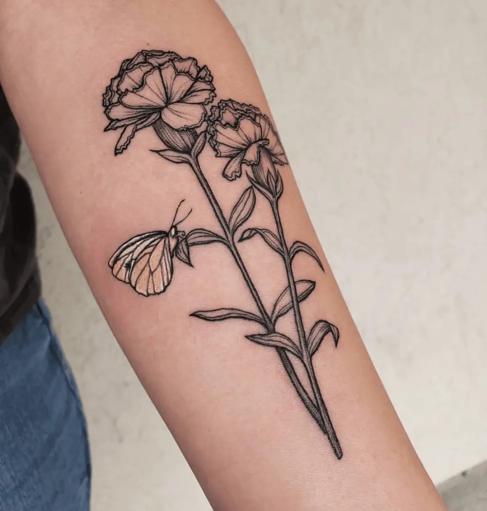 Linework Tattoo of Carnations and Butterfly on Forearm