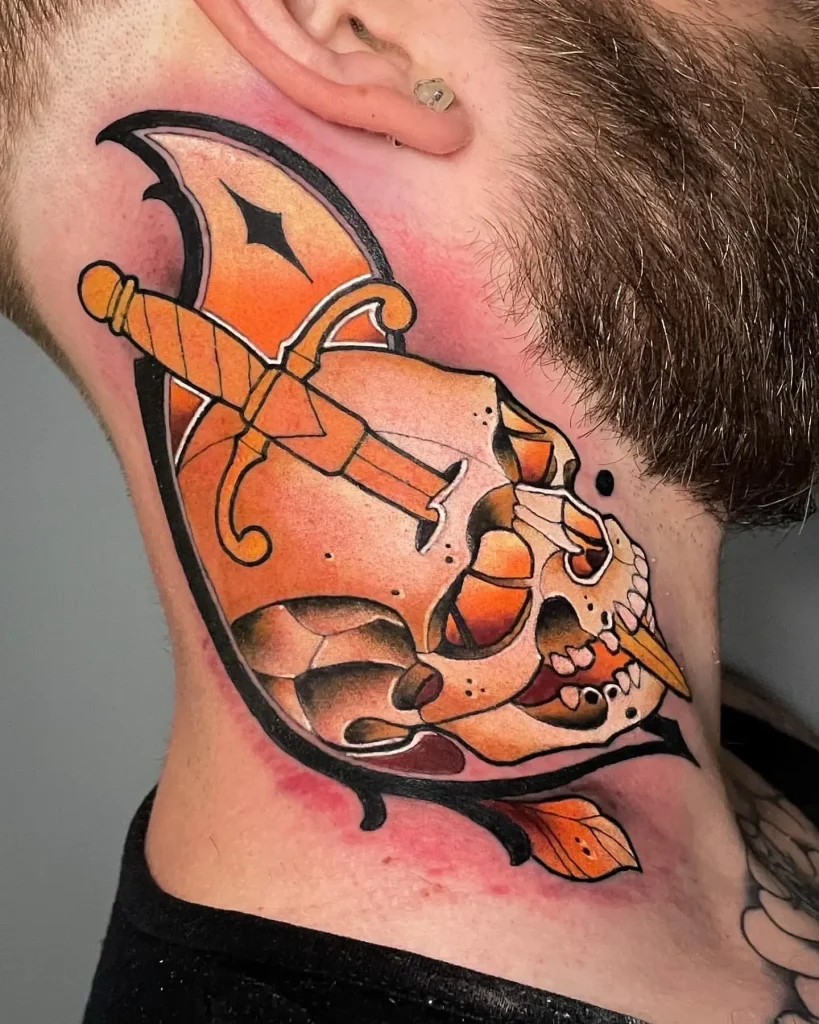 Outstanding Neo Traditional Dagger in Skull Tattoo