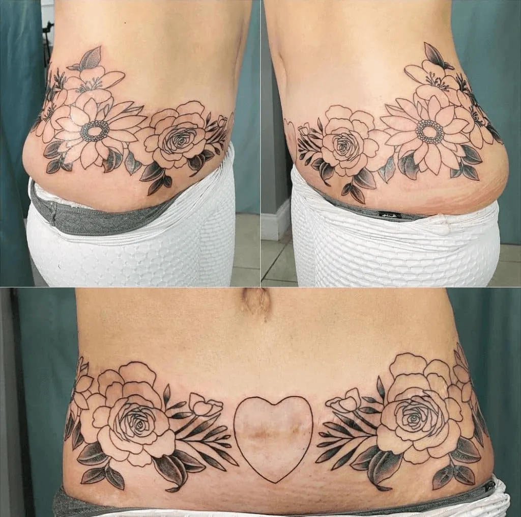 Roses and Heart Tummy Tuck Tattoo