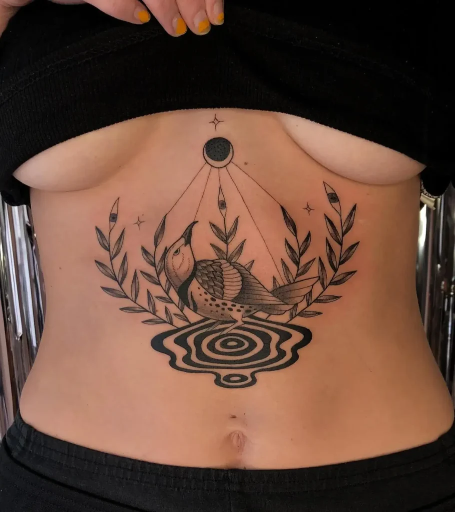 Stomach Black and Gray Bird with Geometric Design Tattoo