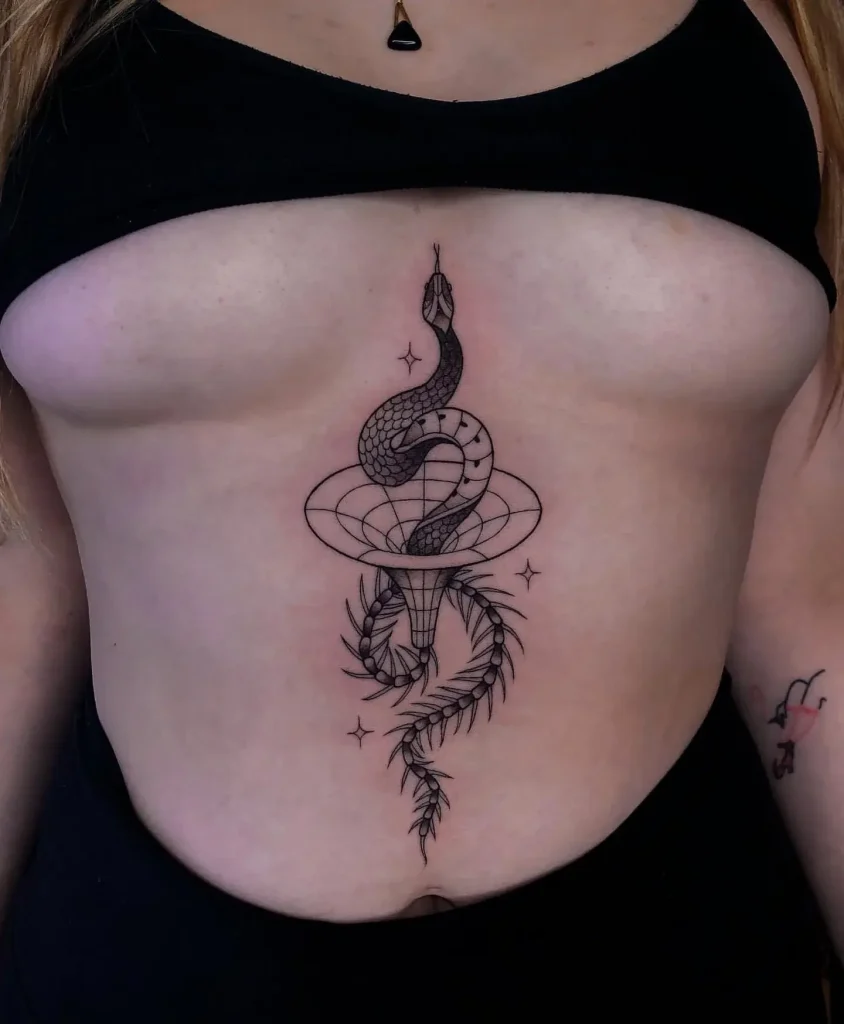 Stomach Black and Gray Serpent Tattoo