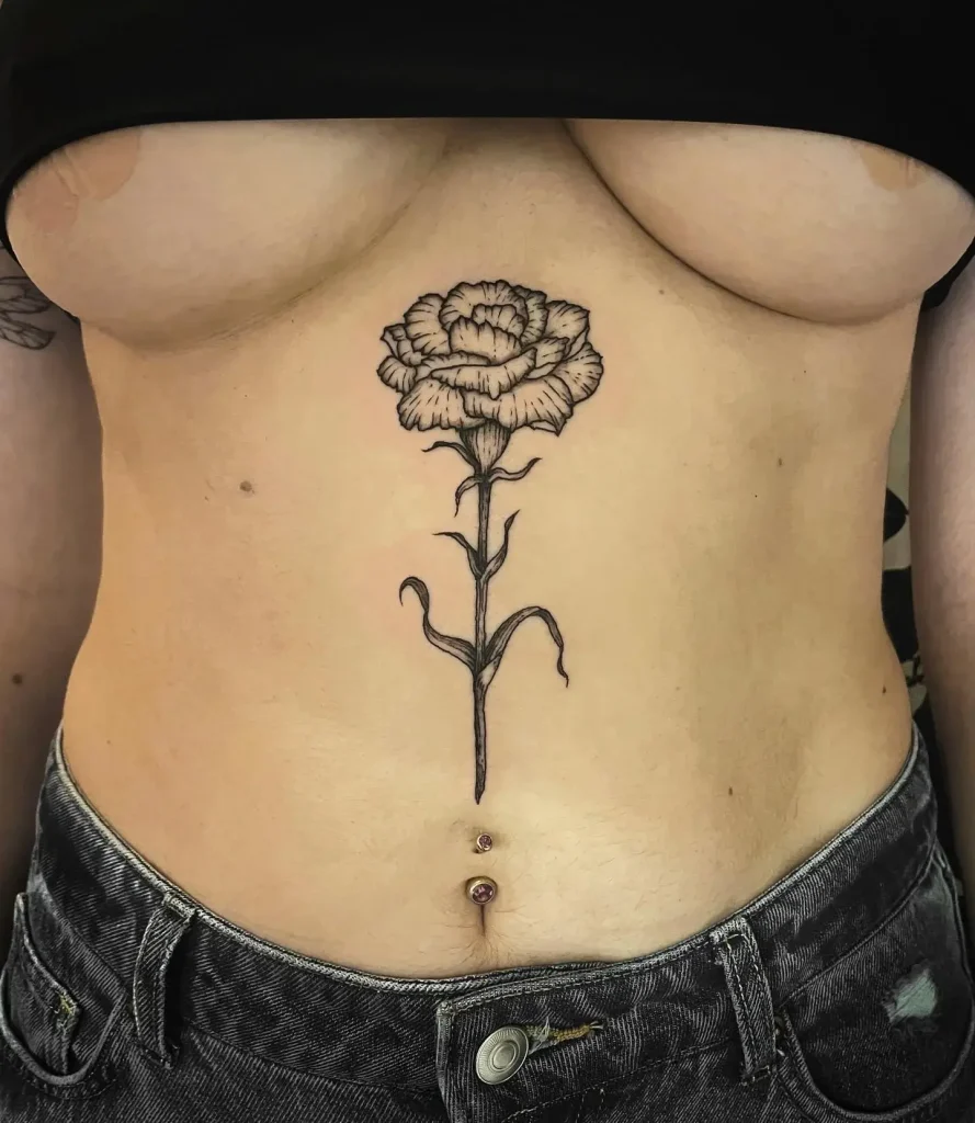 Stomach Black and White Delicate Carnation Tattoo for Women