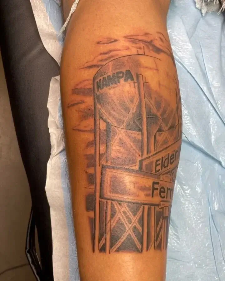 Street Sign Leg Tattoo