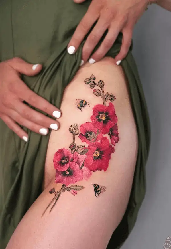 Stunning Bee and Flowers Thigh Tattoo