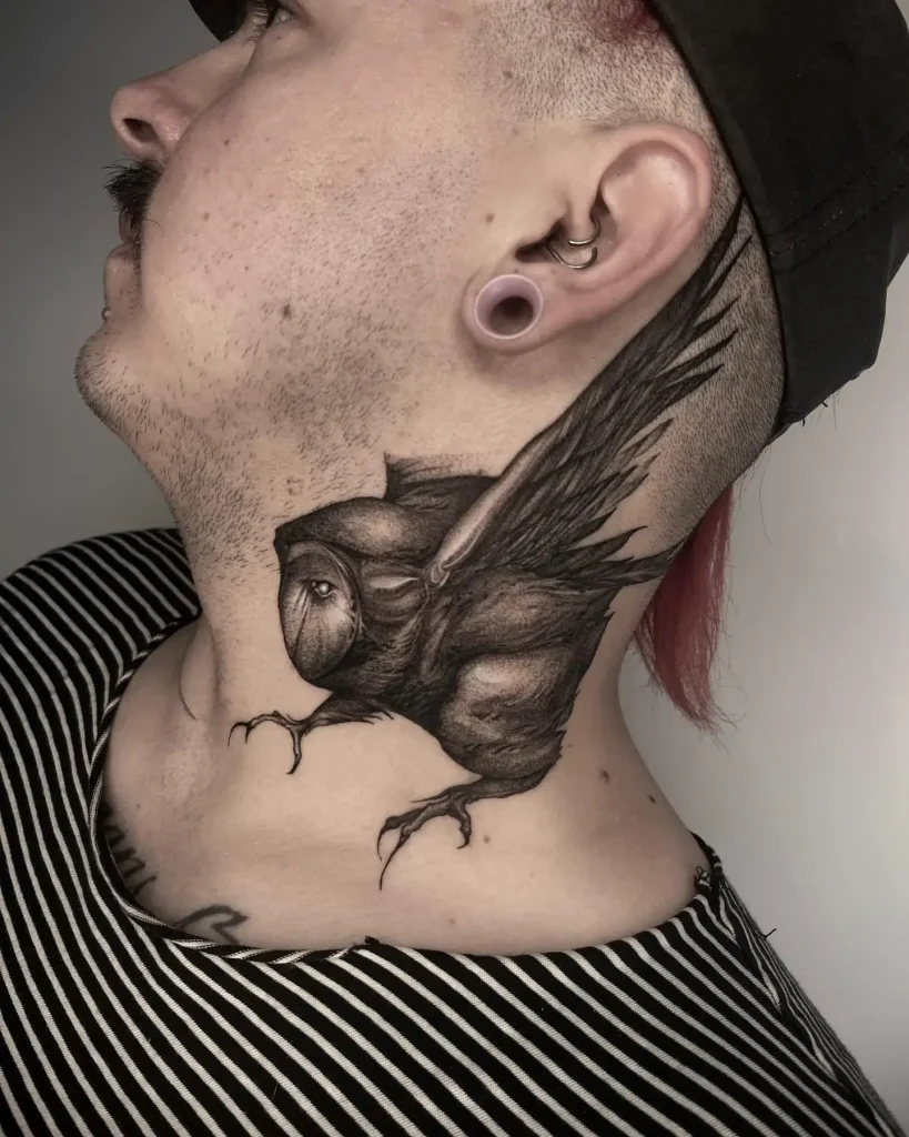 Stunning Blackwork Owl Tattoo on the Neck