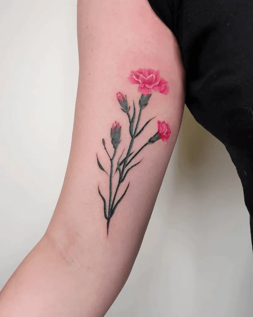 Watercolor Tattoo of Carnations Over Biceps