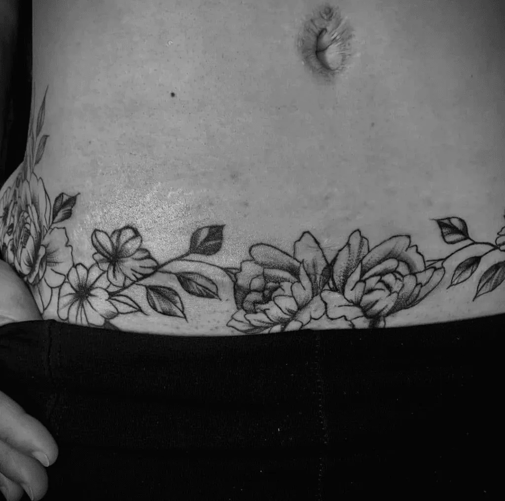 Winding Floral Tummy Tuck Tattoo