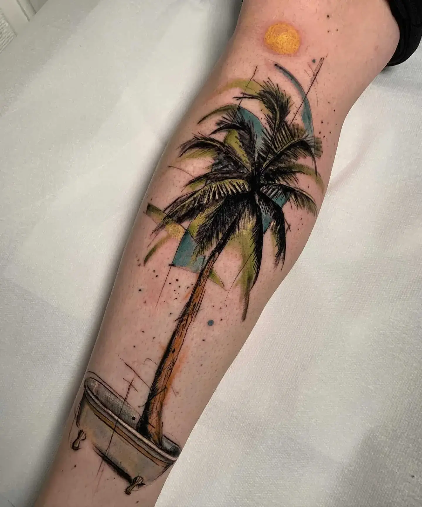 A Watercolor & Sketch Tattoo of a Palm Tree Growing From a Bathtub