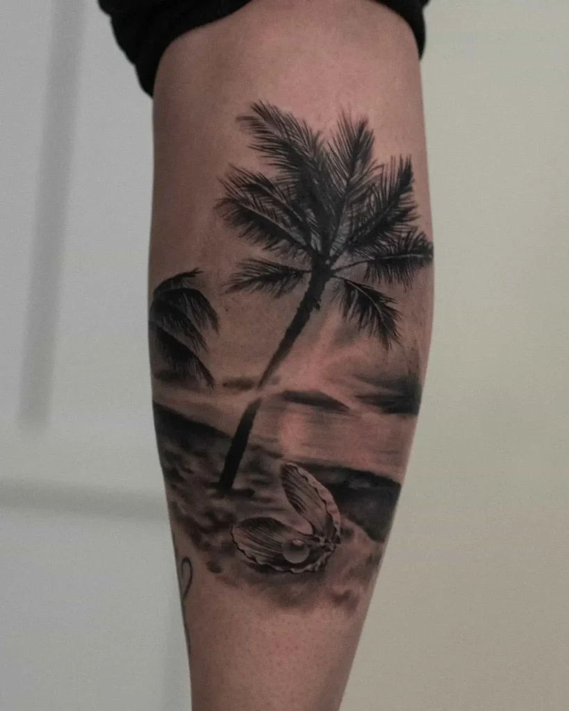 Black and Gray Beach Tattoo With Palm Tree and Pearl Oyster