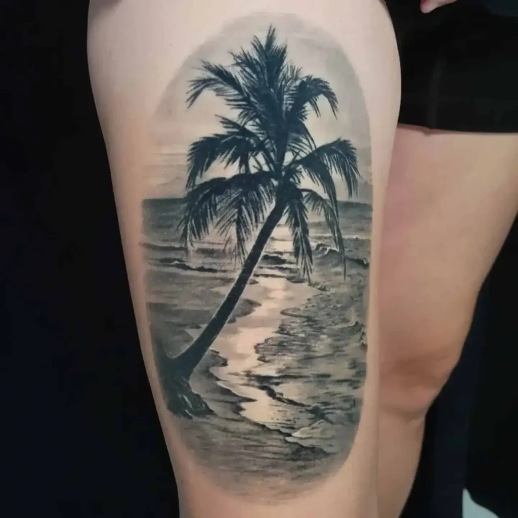 Black and Gray Palm Tree Tattoo on Thigh