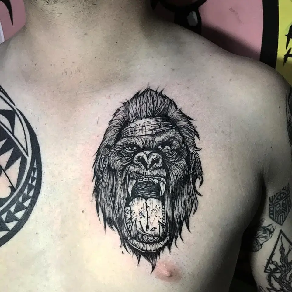Blackwork Gorilla Sketch Chest Tattoo
