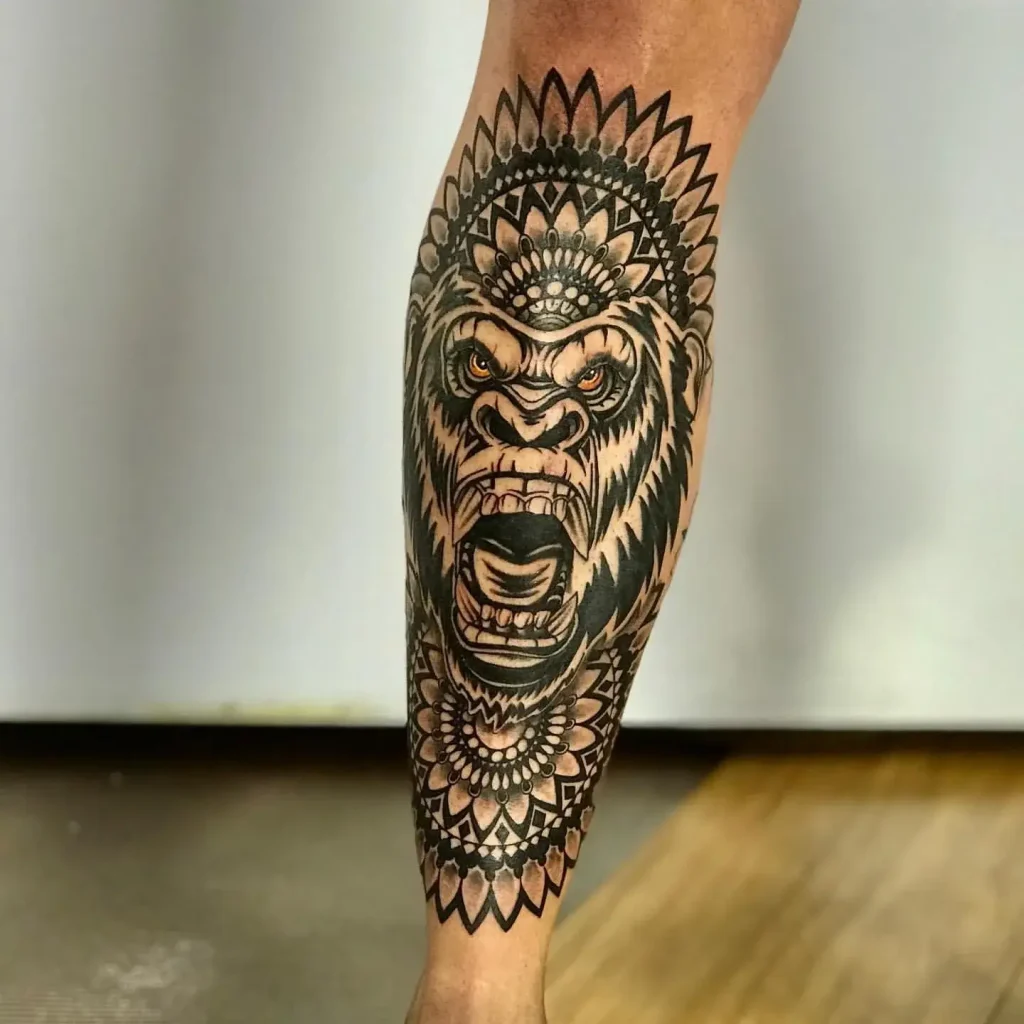 Blackwork Mandala Gorilla Leg Tattoo