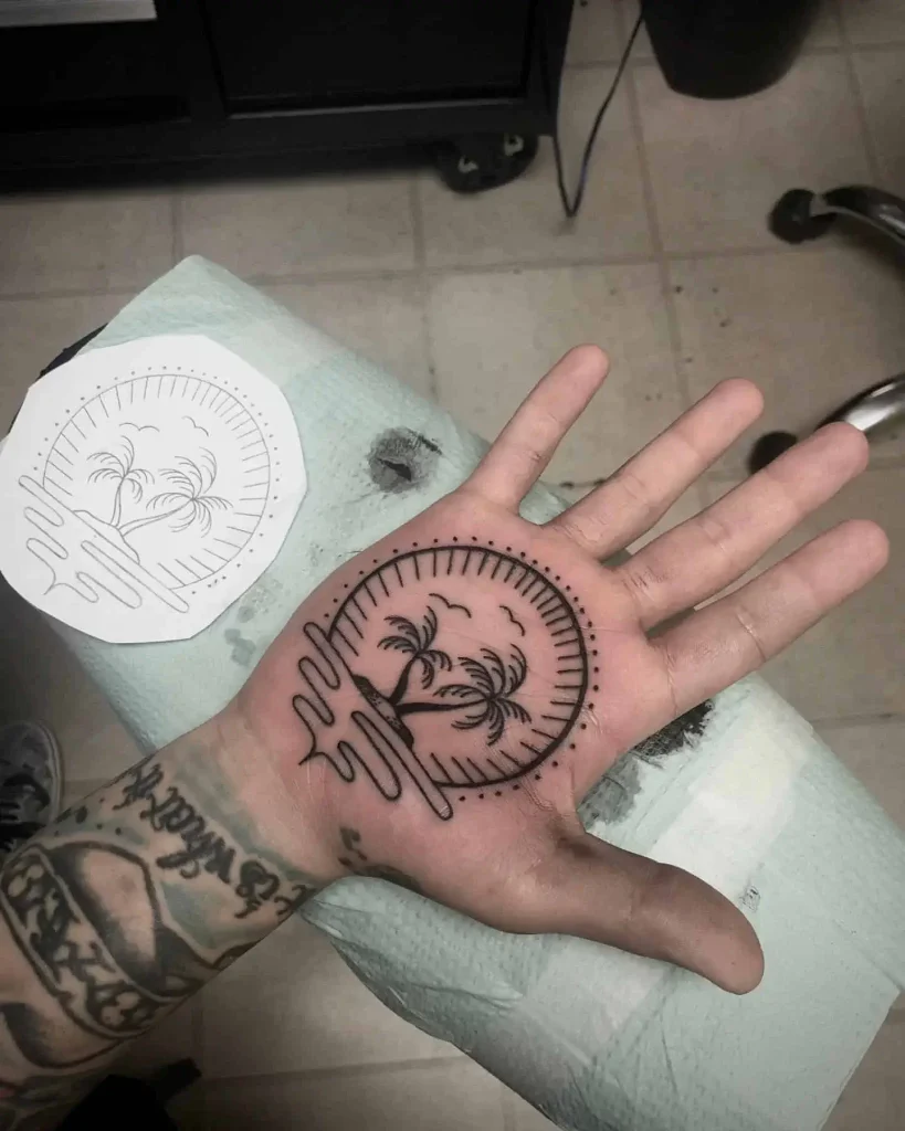 Minimal and Blackwork Palm Tree Tattoo on Man’s Palm