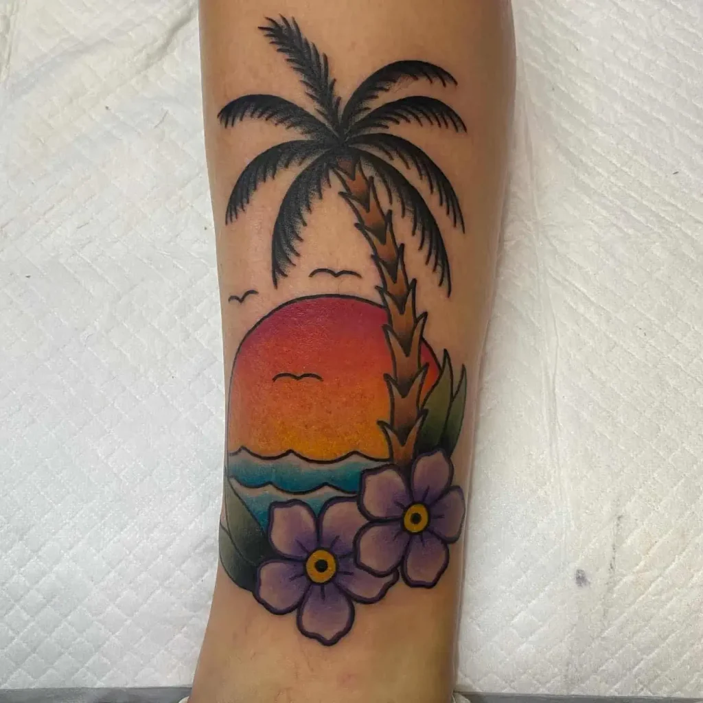 Neo Traditional Palm Tree Beach Tattoo