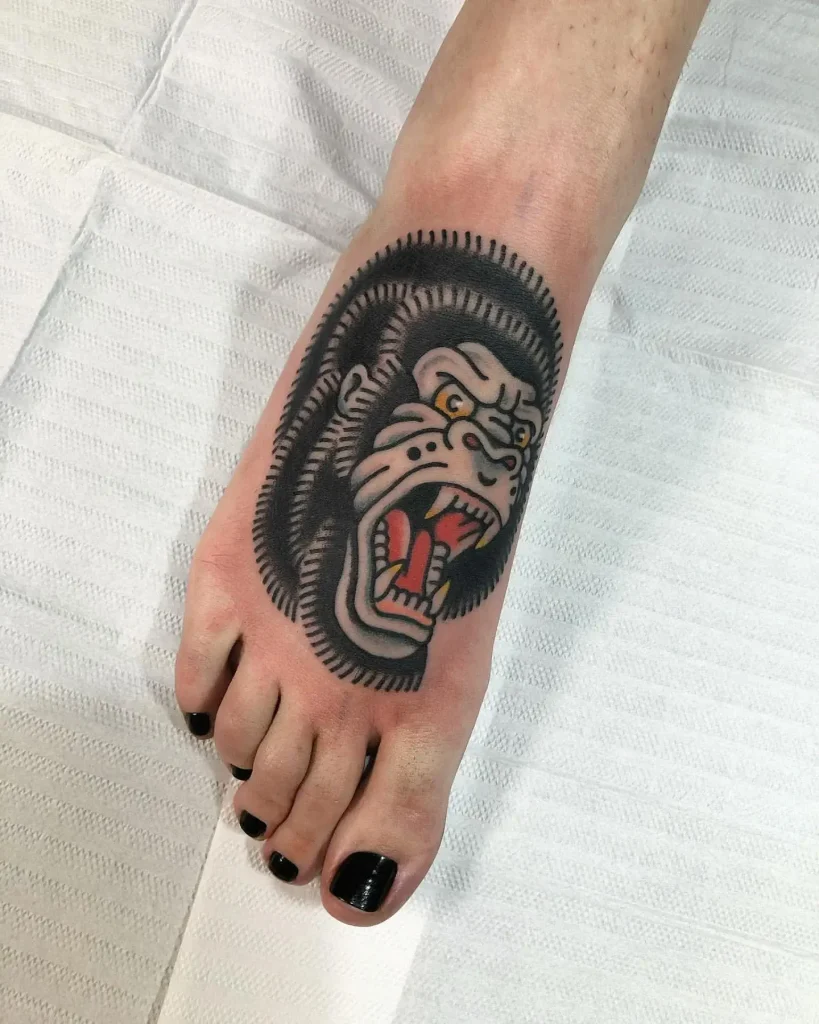 Old School Gorilla Tattoo on Woman’s Foot