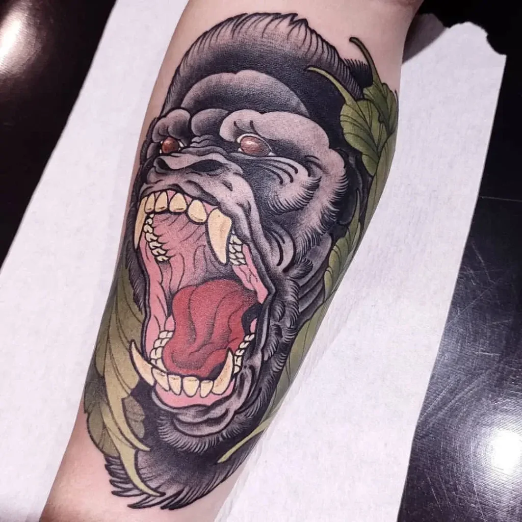 Unique Neo Traditional Gorilla and Foliage Tattoo