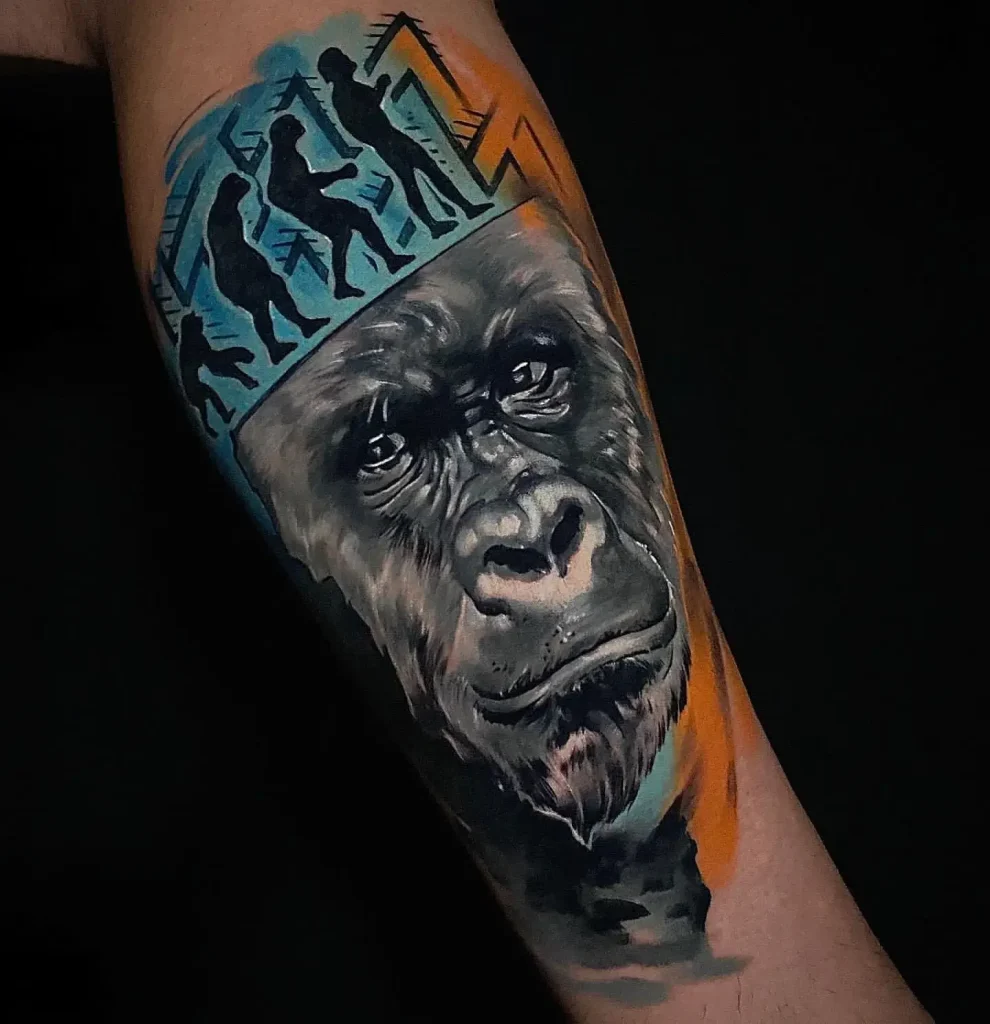 Watercolor Color Realism Gorilla Evolution Tattoo