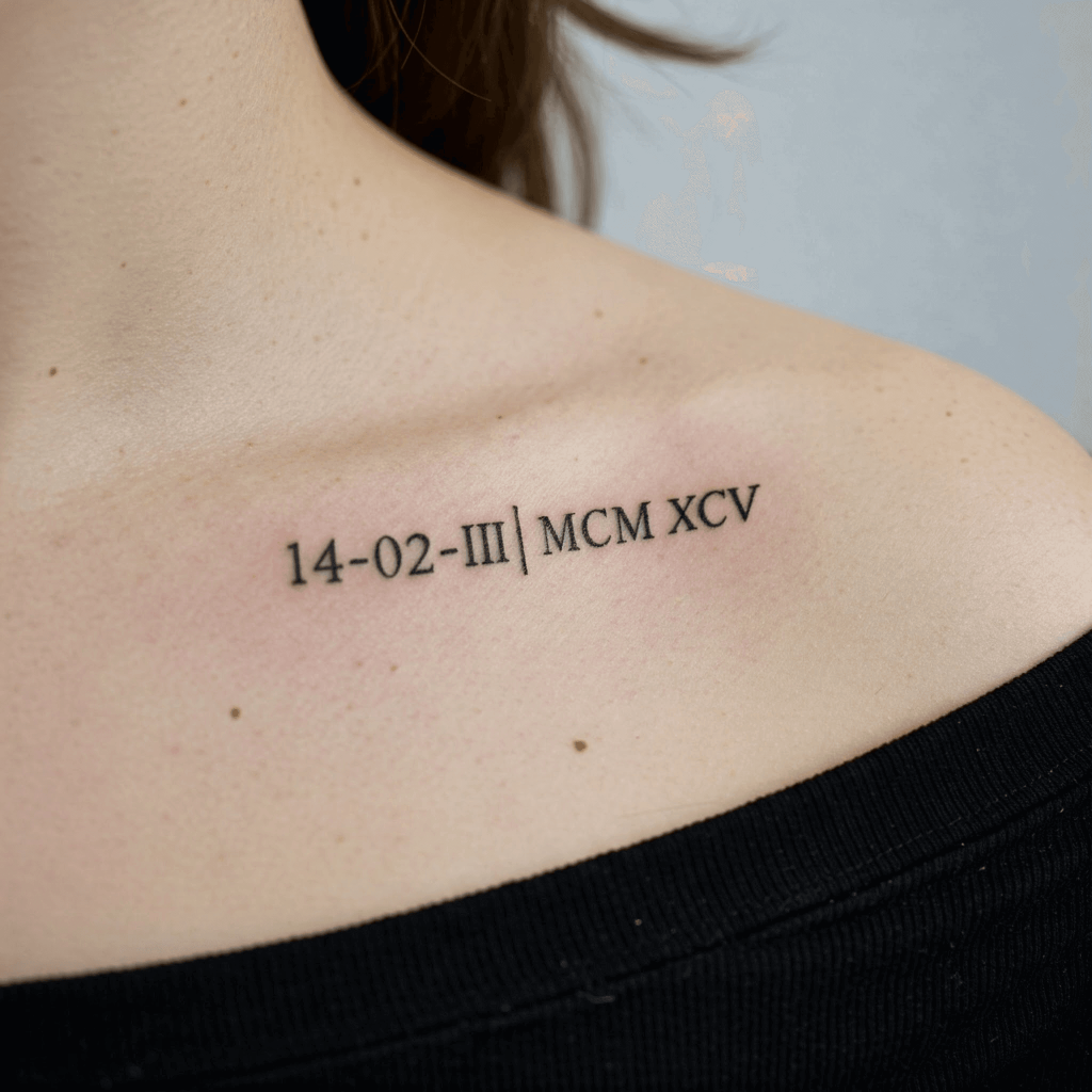 Birthdate Roman Numeral Tattoo on Collarbone